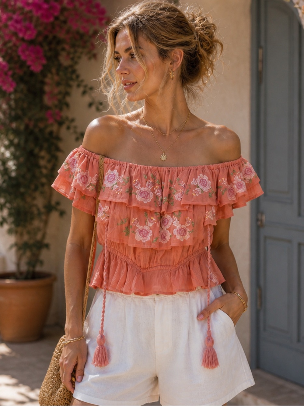 Boho Embroidered Ruffle Peasant Top Tassel Blouse NWT